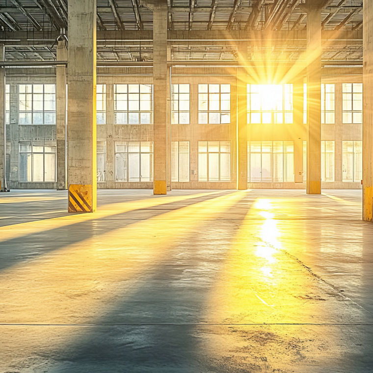 Bright and Spacious Industrial Warehouse Interior with Sunlight Streaming Through Windows Highlighting Concrete Floors and Columns